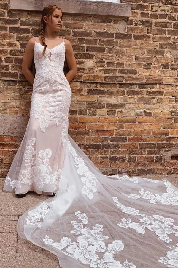 Mermaid Gorgeous Spaghetti Straps Wedding Dresses With Appliques