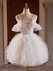 Cute Tulle Lace Light Champagne Short Prom Dress, Cut Homecoming Dress