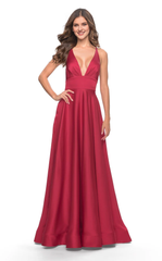 A-line with deep V-neckline backless satin thin shoulder side slit and floor length evening dress