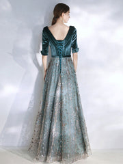 Green v neck tulle lace long prom dress, green evening dress