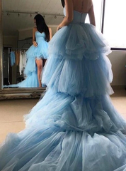 Sweetheart Sweet Blue Tulle Hi Lo Prom Dress With Long Train