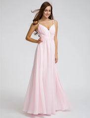 A-Line / Ball Gown Spaghetti Strap Floor Length Chiffon Bridesmaid Dress with Side Draping / Criss Cross