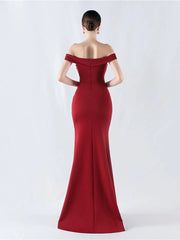 Off shoulder collar pleated hem split and floor length Prom Dress - LD Dress