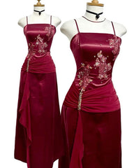 Burgundy Prom Party Dress Long Evening Gown Woman Elegant