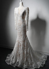 Ivory Lace Mermaid Long Sleeves Formal Dress, Lace Wedding Party Dress