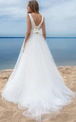 A-line Simple Ball Gown Satin Tulle Bateau Sleeveless Wedding Dress With Bow and Ribbon
