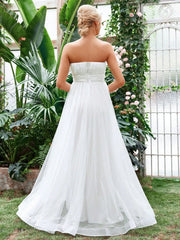 Ruffle waist mesh strapless and floor length wedding dress
