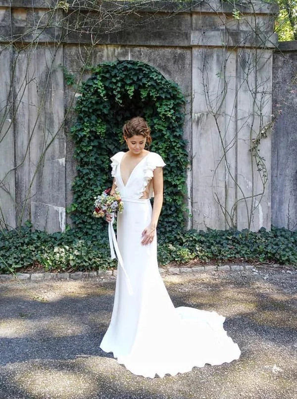 Mermaid Cap Sleeves V-Neck Backless Wedding Dress with Ruffles