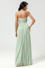 Dusty Sage A Line Sweetheart Long Knitted Chiffon Ruffle Bridesmaid Dress