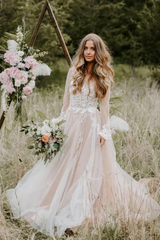 A-line V Neck Long Sleeve Rustic Wedding Gown Wedding Dress