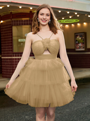 A-line hanging neck thin gauze layered short Homecoming dress