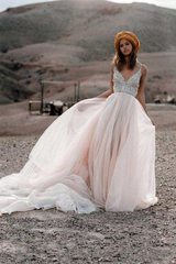 A-line V-neck Sparkle Beading Backless Bridal Gowns Wedding Dresses