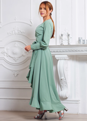 Jimiss V-neck long sleeved chiffon ruffle edge length Prom dress