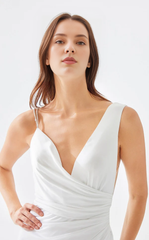 V-neck asymmetrical shoulder strap wrap and floor length evening dress