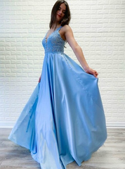 Sleeveless A-Line Blue Satin V-neck Lace Long Prom Dress