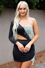 Asymmetrical Black Cutout Short Homecoming Dress with Tassels