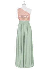 Roségouden pailletten one-shoulder lange bruidsmeisje jurk