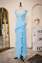 Light Blue Sweetheart Open Back Ruffle Long Dress