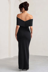 Off shoulder neckline with bow details thigh slit and floor length even dress - jimiss dress