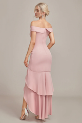 Pink mermaid off shoulder asymmetrical ruffle hem bridal mother dress