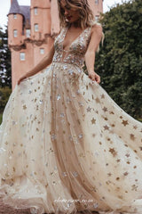 Sequined Star Applique Tulle V-neck A-ine Popular Prom Dresses, CP0689