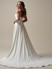 A-line thin shoulder strap crepe backless and floor length wedding dress