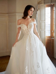 Elegant off shoulder A-line ultra long lace wedding dress