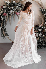 A-line Scoop Neck Long Sleeves Lace Bridal Gown Weddding Dress