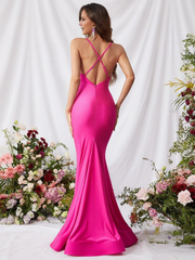 Mermaid V-neck slim shoulder strap backless and floor length formal dress