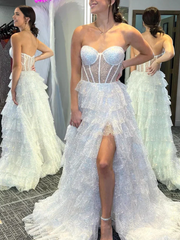 Strapless Sequins Tulle Ruffle Formal Evening Dresses White Long Formal Evening Dresse Prom Dresses Wedding Dresses with High Slit