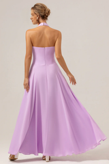 A Line neck hanging backless pleated chiffon long purple buckle bridesmaid dress