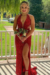 Black Sequin Fringe Halter Long Prom Dress with Slit