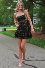 Lavender Sequin Lace Strapless Sheer Bodice Short Gown with Ruffles