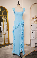 Light Blue Sweetheart Open Back Ruffle Long Dress