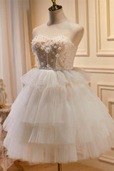 Off-White Tulle 3D Floral Lace A-Line Tiered Homecoming Dress