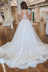 White Floral Lace Queen Anne Long Sleeve Wedding Dress