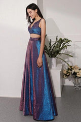 Glitter Two Piece Sequin Prom Dresses Long Evening Dress