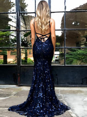 Navy Blue Backless Mermaid Spaghetti Straps Prom Dress