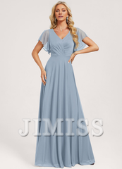 Ruffled A-line V-neck Floor-length Mesh Bridesmaids Dress