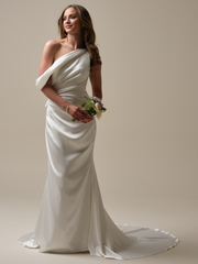 Asymmetric pleated cape tight and floor length wedding dress