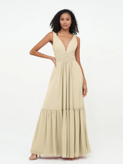 Deep V-neck chiffon layered skirt Bohemian style dress