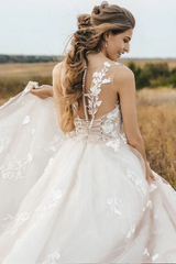 A Line Vintage Lace Scoop Neckline Tulle Wedding Bridal Dress Wedding Dresses
