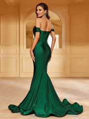 Shoulderless pleated wrap hem and floor length formal dress