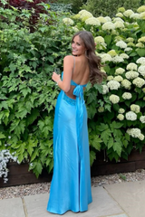 Jimiss V-neck blue beaded back strap A-line long dress