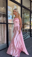 Mermaid Strapless Beaded Satin Pink formal dresses Bridesmaid Dresses evening gown Prom Dress