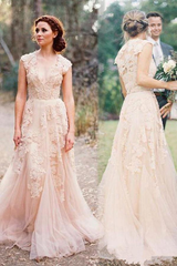 A-line V-neck Sleeveless Floor-Length Wedding Dress with Lace