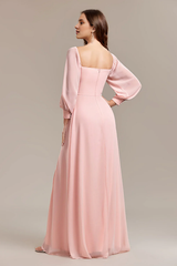 Pink A-line slit off shoulder long wedding guest dress