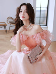 Pink tulle off shoulder long prom dress, pink tulle formal dress