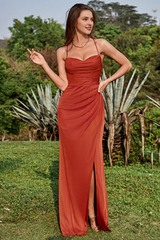 Fishtail thin shoulder strap and front slit rust satin bridesmaid dress