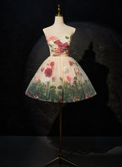 Cute Flowers Round Neckline Light Champagne Party Dress, Short Cute Prom Dress